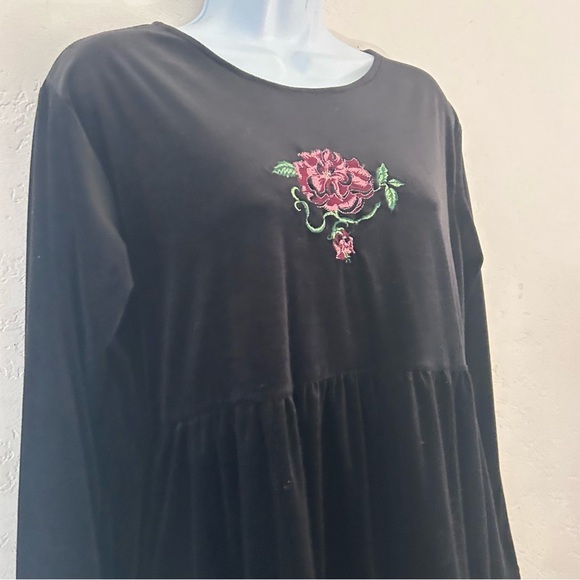 SHENANIGANS Vintage Black Velvet Embroidered Rose Long Sleeve Midi Babydoll M - Picture 5 of 10